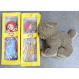 Two Pelham puppets, Red Riding Hood and Tyrolean Girl, boxed and a Pedigree soft toy dog