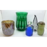A Portmeirion green glass vase, an owl and a penguin paperweight, one other paperweight and a studio