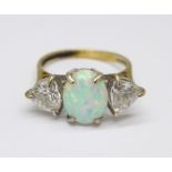 A 9ct gold, synthetic opal and white stone ring, 4g, R