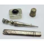 A silver box, Ari D Norman, London import mark for 1976, a silver pencil, Birmingham 1907, a