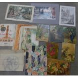 A collection of watercolours, oil paintings on board and pencil sketches, some signed