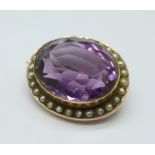 A 9ct gold, amethyst and pearl brooch, 7.1g, amethyst approximately 18mm x 15mm