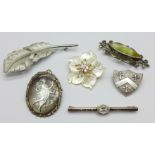 Six silver brooches