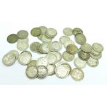 Approximately fifty-three pre 1947 threepence coins, 72.5g