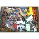 Plastic farm animals, figures and vehicles including Britains