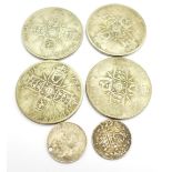 Four 1920's one florin coins and two 3d coins, one a/f