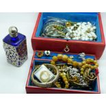 Costume and fashion jewellery in a box and a scent bottle