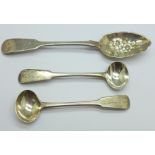 A pair of George III silver mustard spoons and a William IV silver spoon with decorated bowl, London