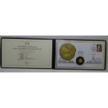 A 2019 James I 400th Anniversary gold proof half laurel coin cover (4g, 22 carat gold proof),