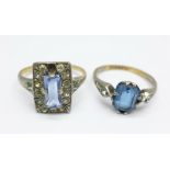 Two 9ct gold and silver, blue and white stone set rings, one lacking stone, J and K