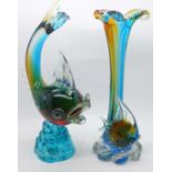 A studio glass model of a fish and one other vase with fish, possibly Murano