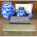 Three oriental ginger jars, two boxes and a framed coloured engraving