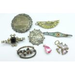 Six brooches including two Victorian silver and two pendants