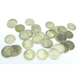 Thirty-three Victorian threepence coins, 43.5g, some a/f