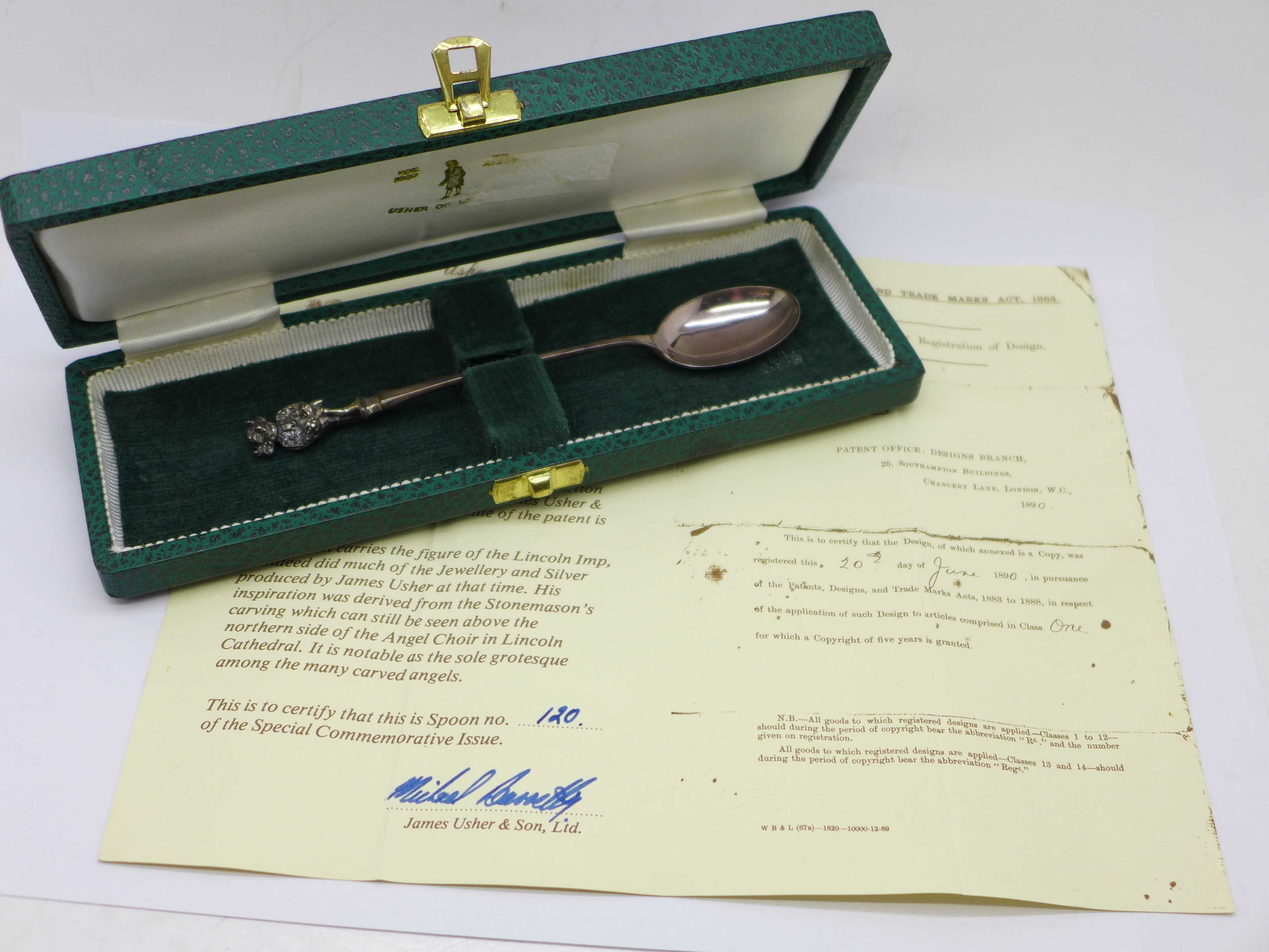 A silver Lincoln Imp spoon, Usher of Lincoln, with box and certificate