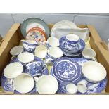 A box of blue and white Willow pattern china, commemorative china, etc. **PLEASE NOTE THIS LOT IS