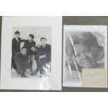 Pop music autographs, 1960's signed Marianne Faithfull, Mary Wells display and Billy J Kramer signed