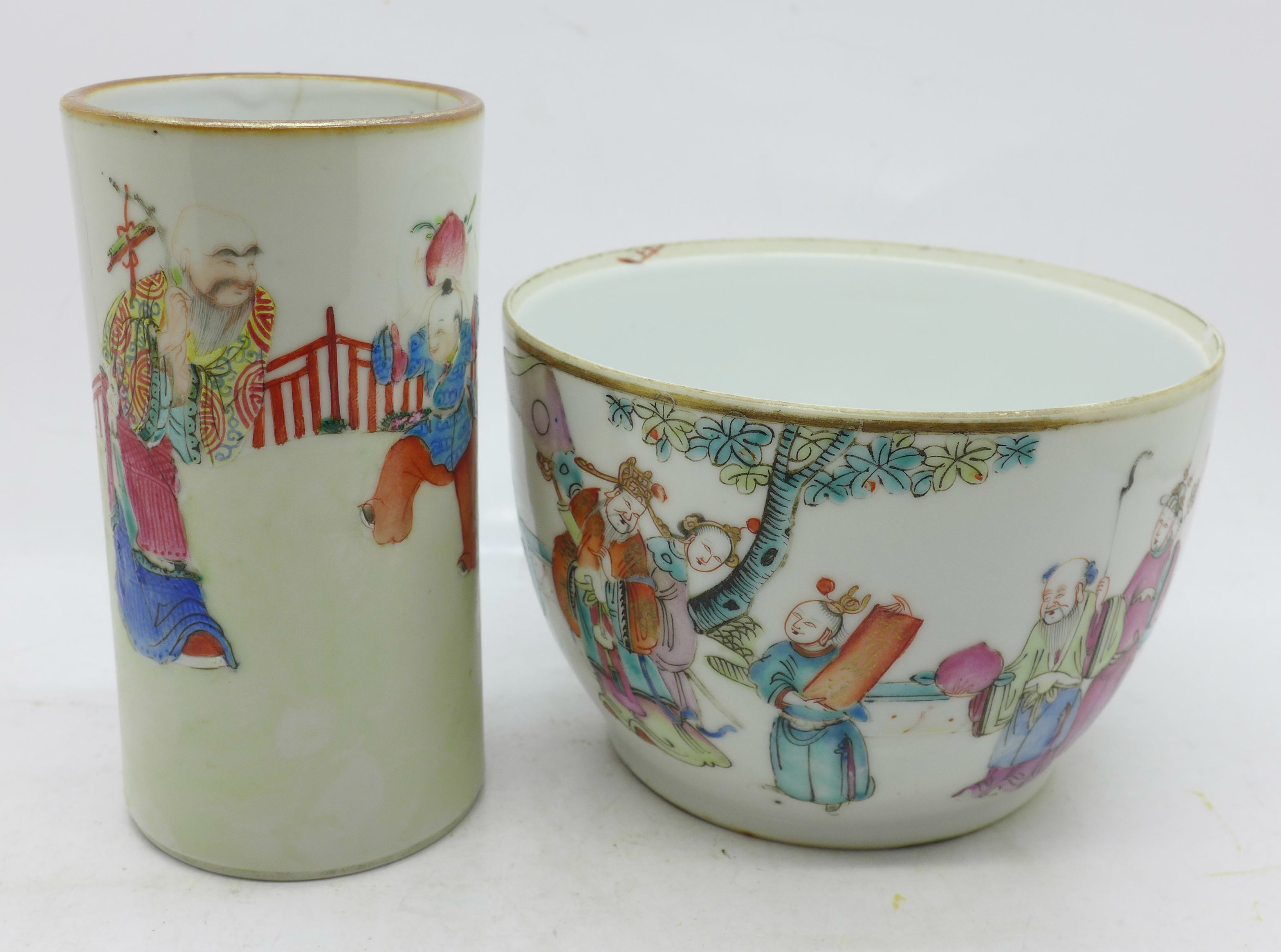 A mid 19th Century famille rose brush pot and bowl, brush pot a/f