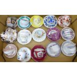 A box of decorative cups and saucers, Royal Crown Derby, Royal Staffordshire, and two teapots