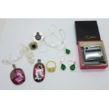 Jewellery; two rings, a green pendant and matching earrings, four chains, a lighter, etc.