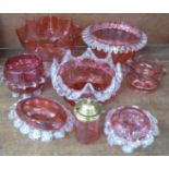 Eight pieces of cranberry glass, four a/f