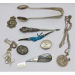 A pair of silver sugar bows, a bird brooch, locket, fob, bookmark, etc., a/f