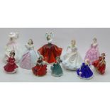 Two small Coalport figures, three small Royal Doulton figures and five miniature Royal Doulton