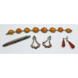 A pair of silver and amber earrings, a silver and agate brooch, a pair of agate set earrings, (