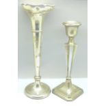 A silver vase and a silver candlestick, a/f, vase 27cm