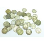 Approximately 50 pre 1947 threepence coins, 65.5g