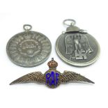 A German medal, a hallmarked silver East Lancashire Regiment sports medallion and a sterling RAF