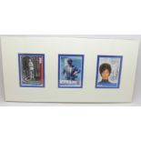 Three mounted The Avengers autographed cards, Diana Rigg, Patrick McNee, Linda Thorson