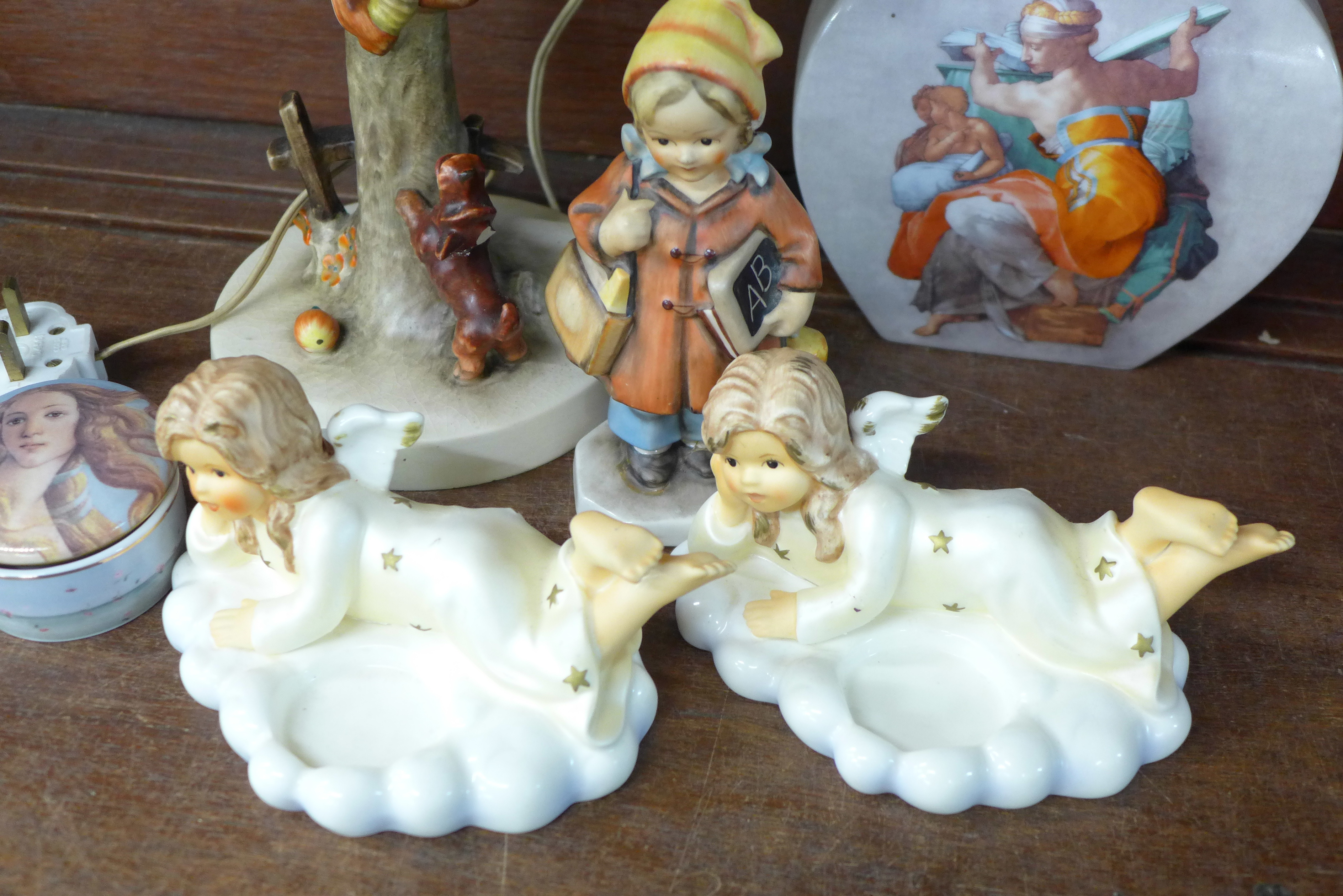 A Hummel table lamp, two Hummel figures, a Goebel pot, a figure made in West Germany, one a/f, and a - Image 2 of 3