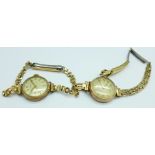 Two 9ct gold cased lady's wristwatches, Trebex and Widdop, both on plated bracelets