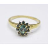 A 9ct gold, blue/green stone cluster ring, 2.7g, U
