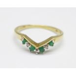 A 9ct gold, emerald and diamond wishbone ring, 1.7g, P