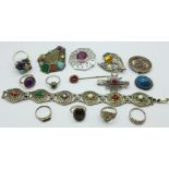 A WWI wound badge, B32904, Celtic style jewellery, silver rings, etc.