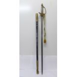 A 1796 officers sword with scabbard, the decorated blade marked Osborn & Gunby, Warranted, blade83cm