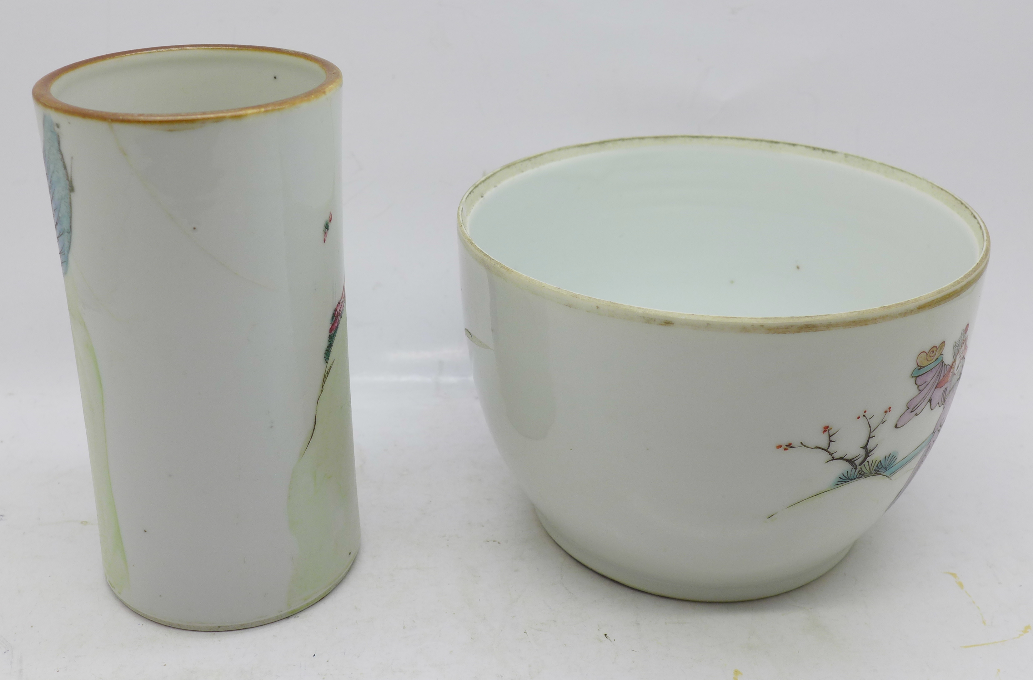 A mid 19th Century famille rose brush pot and bowl, brush pot a/f - Image 2 of 4