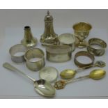 A collection of silver items including six silver napkin rings and two 800 spoons, total weight 270g