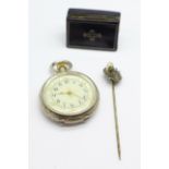 A silver fob watch, a snuff box and a Scottish thistle stick pin