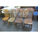 A Harlequin set of four Victorian elm and beech kitchen chairs
