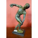 A bronzed figure of Discobolus, 36cms h