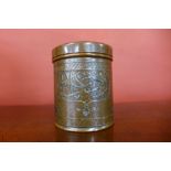 A late 19th/early 20th Century Islamic Mamluk revival silver inlaid copper jar and cover, 10cms h