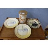 Three Doulton plates and Crown Devon biscuit barrel