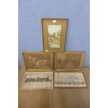 G.T. Shearman, farmyard lane, watercolour, dated 1917, a pair of Victorian prints and two others
