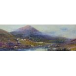 Scottish School, pair of Highland landscapes, gouache on board, 14 x 35cms, framed