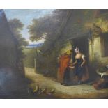 English School (19th Century), figures in a cottage doorway, oil on canvas, 62 x 74cms, framed