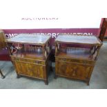 A pair of small Regency style inlaid mahogany and yew wood side cabinets
