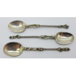 Three late 19th Century 'grim reaper' spoons, possibly French, two with import mark for London 1892,